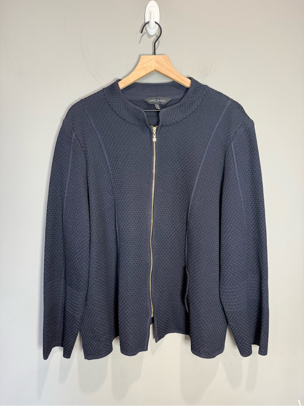 Ming Wang Textured Knit Zip Jacket Navy 2X Career Travel